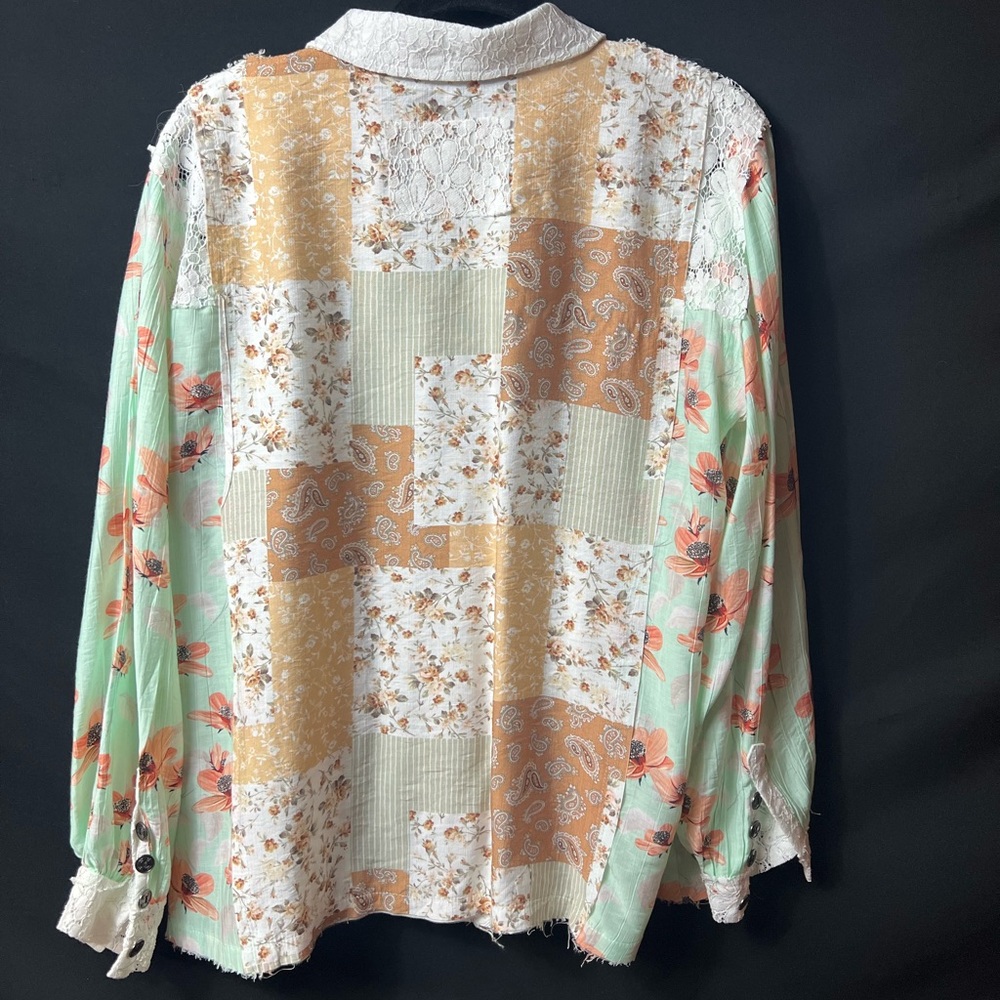 POL Patchwork Floral Button-Down Shirt in Mint, C… - image 3